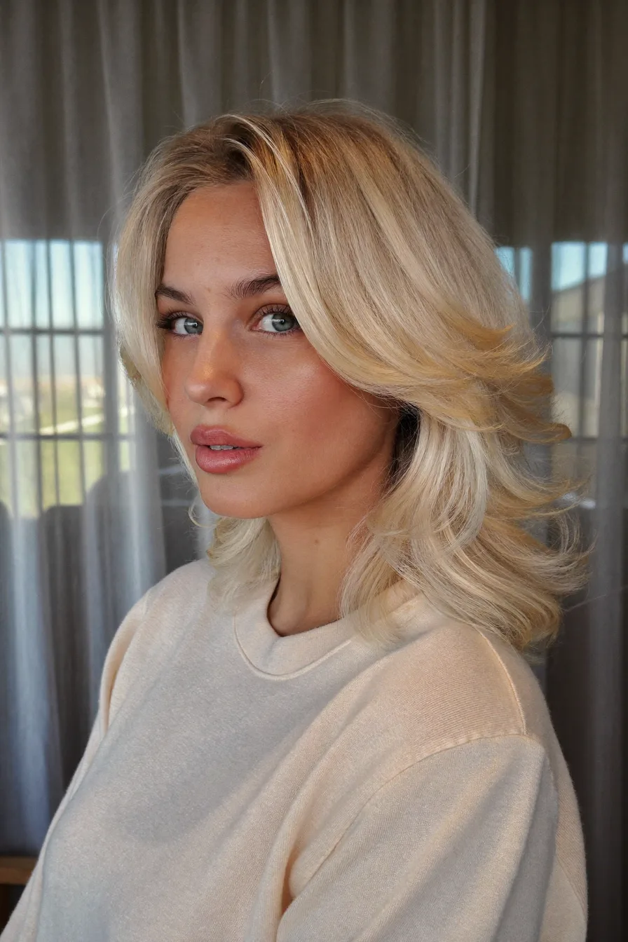 Layered Medium-Length Cut with Voluminous Ash Blonde Waves