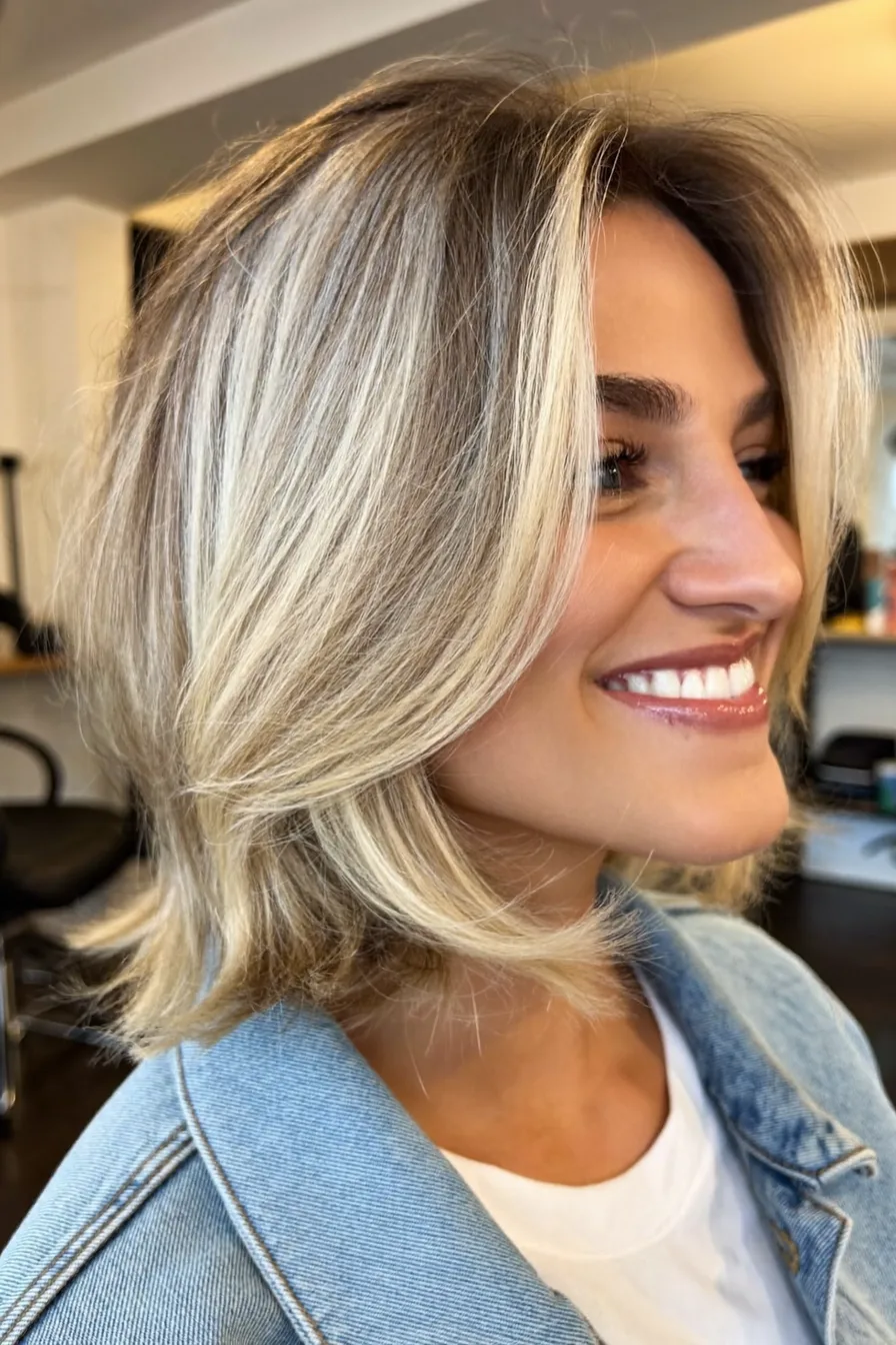 Medium-Length Ash Blonde Long Layers with Curtain Bangs