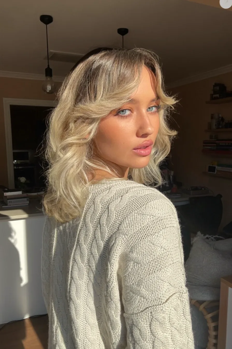 Textured Shoulder-Length Lob with Curtain Bangs and Balayage