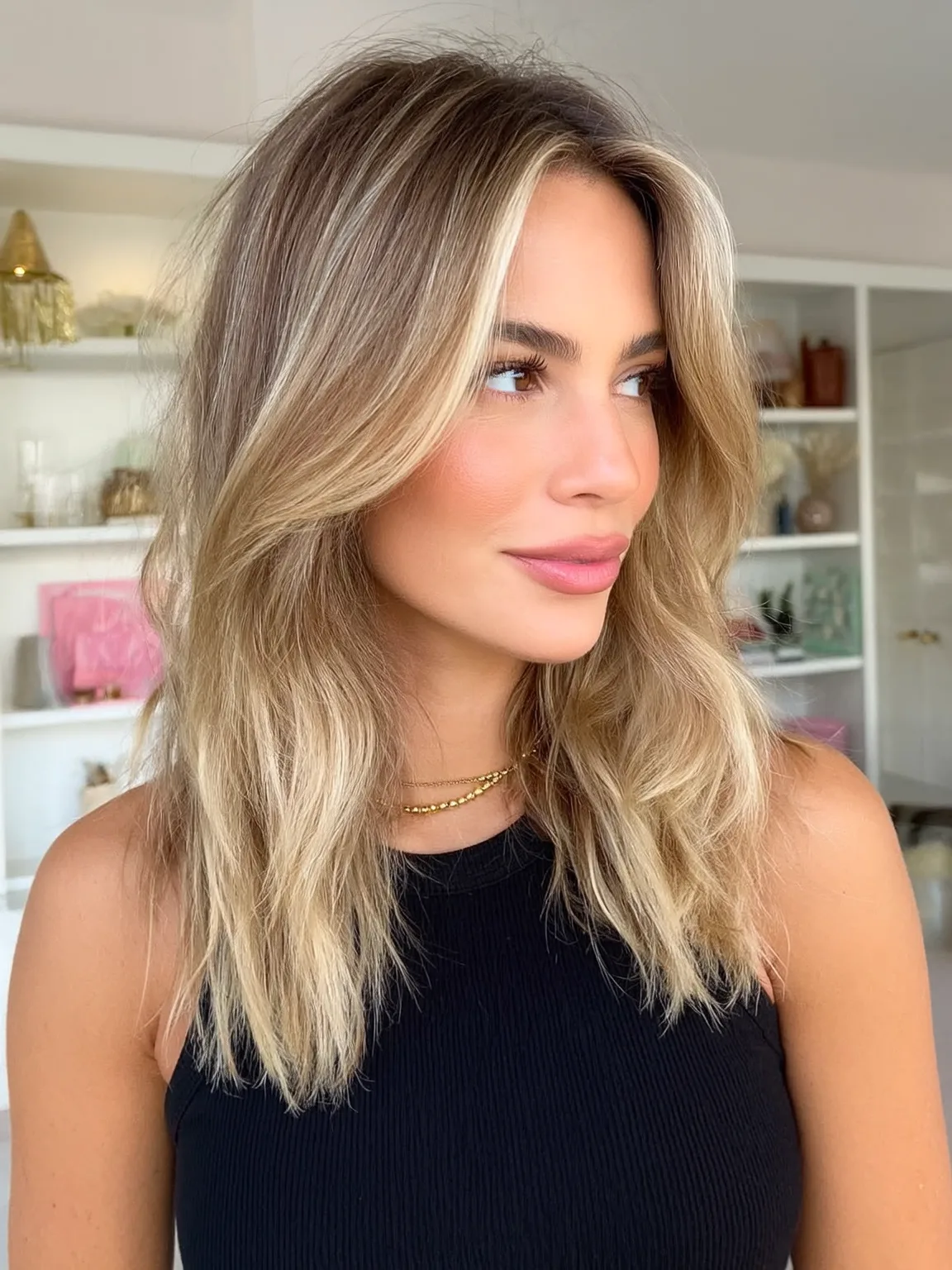 Voluminous Medium Wavy Layers with Sandy Blonde and Ash Bronde Highlights