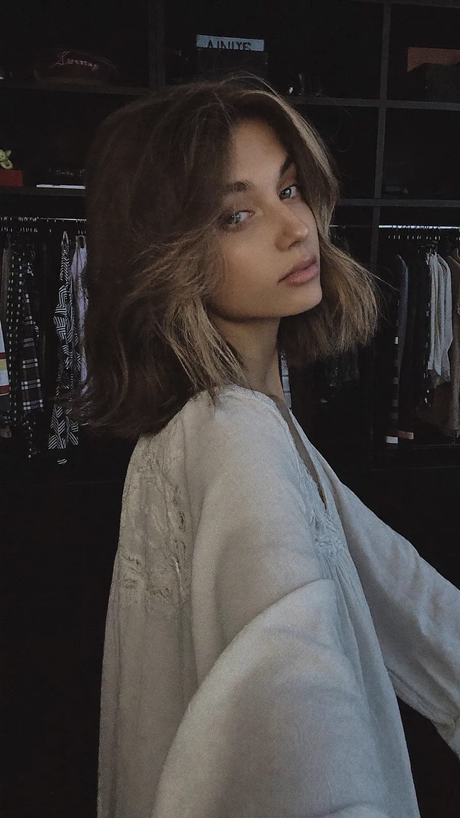 Modern Shoulder-Length Lob with Curtain Bangs and Balayage
