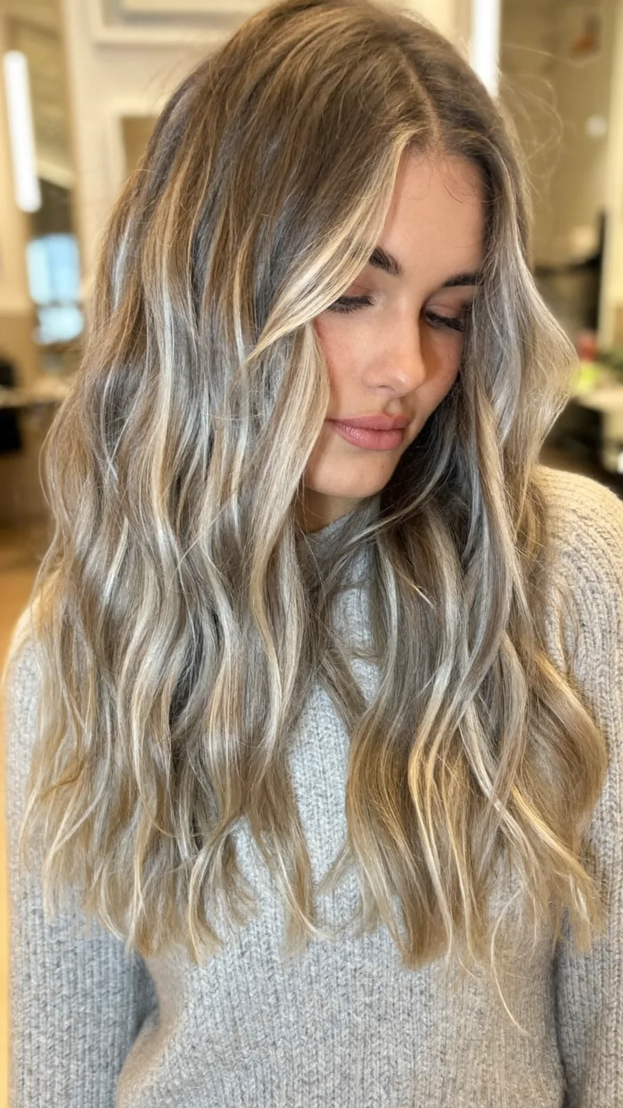 Long Ash Blonde Wavy Hair with Curtain Balayage Layers