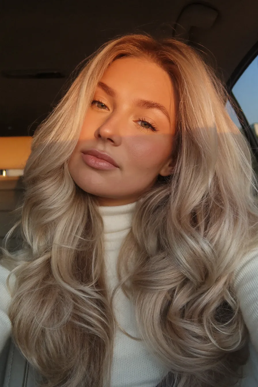 Voluminous Ash Blonde Long Layered Waves with Center Part