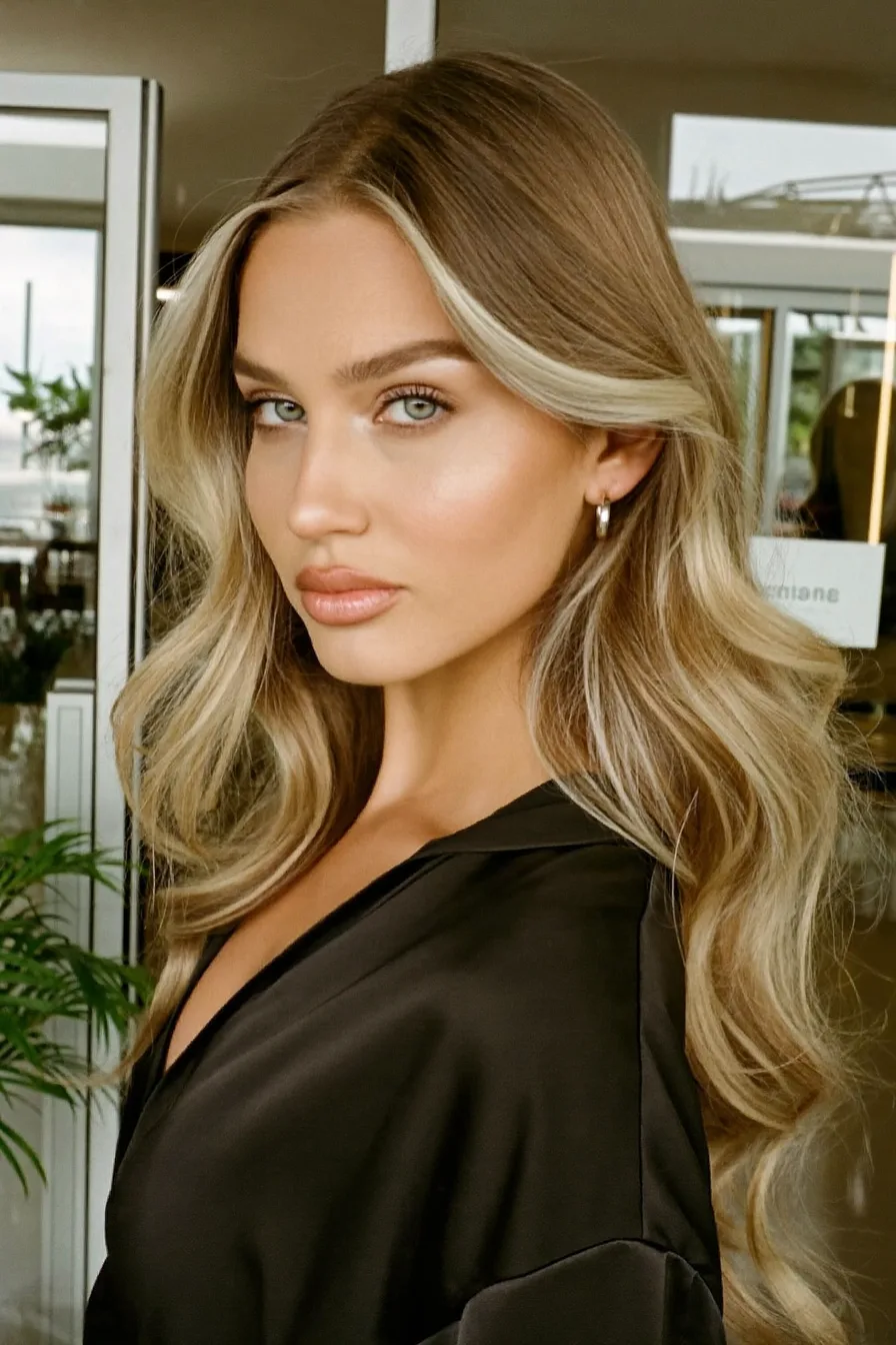 Modern Voluminous Long Layers with Blonde Money-Piece Highlights