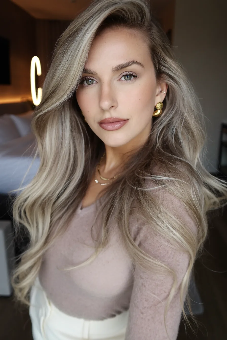 Voluminous Cool Ash Blonde Long Layered Waves Hairstyle