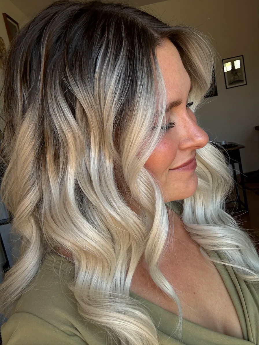 Modern Balayage Long Layered Waves with Side-Swept Bangs