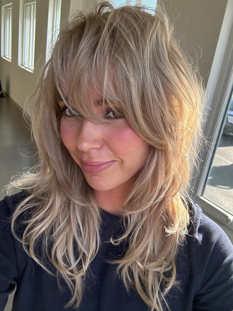 Textured Long Layers with Ash Blonde Curtain Bangs