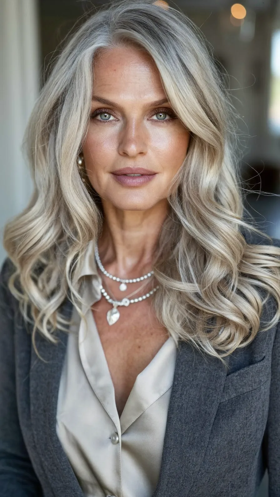 Elegant Long Layered Cool Ash Blonde Wavy Hairstyle