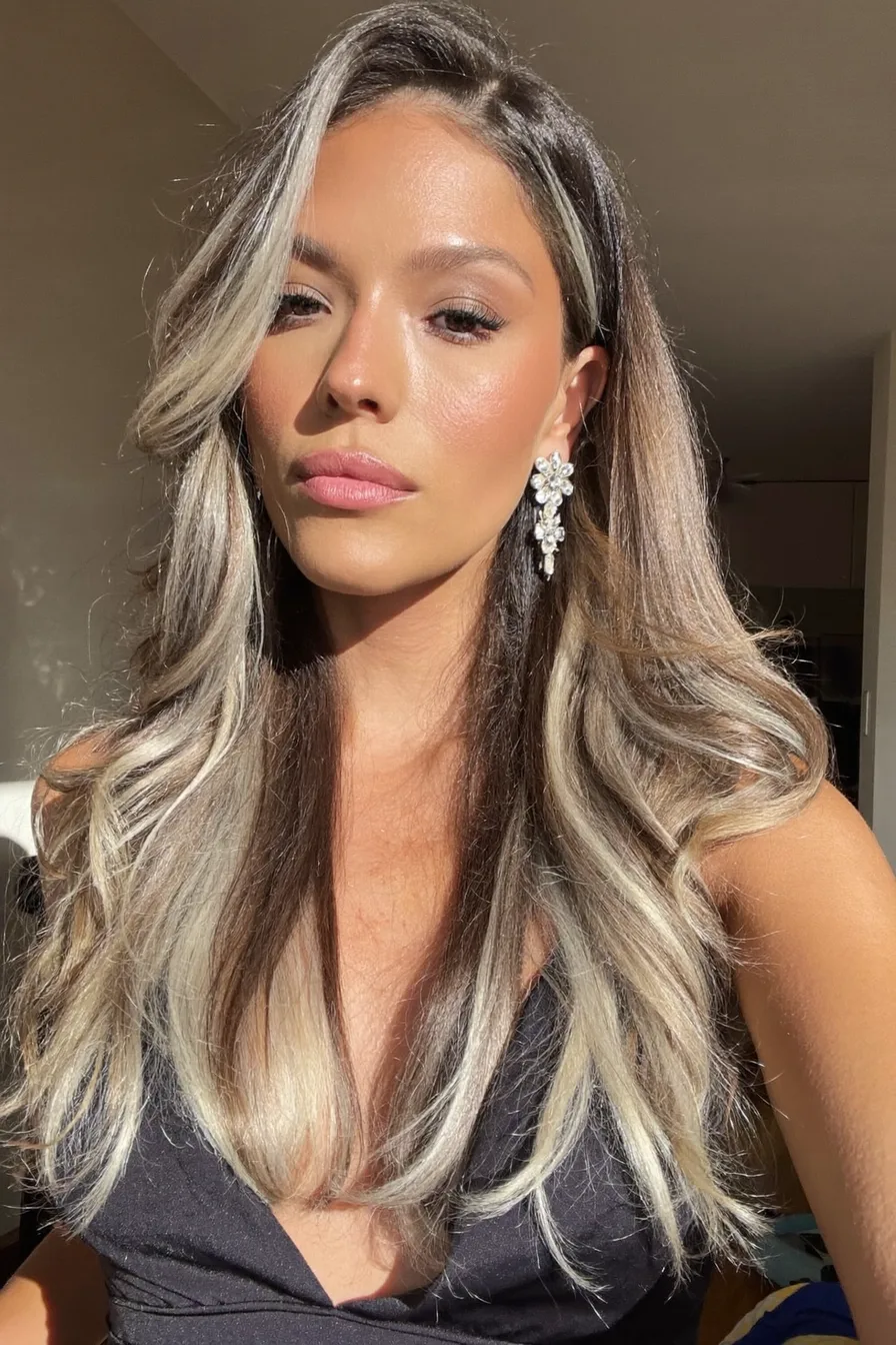 Modern Long Layers with Ash Blonde Money-Piece Highlights