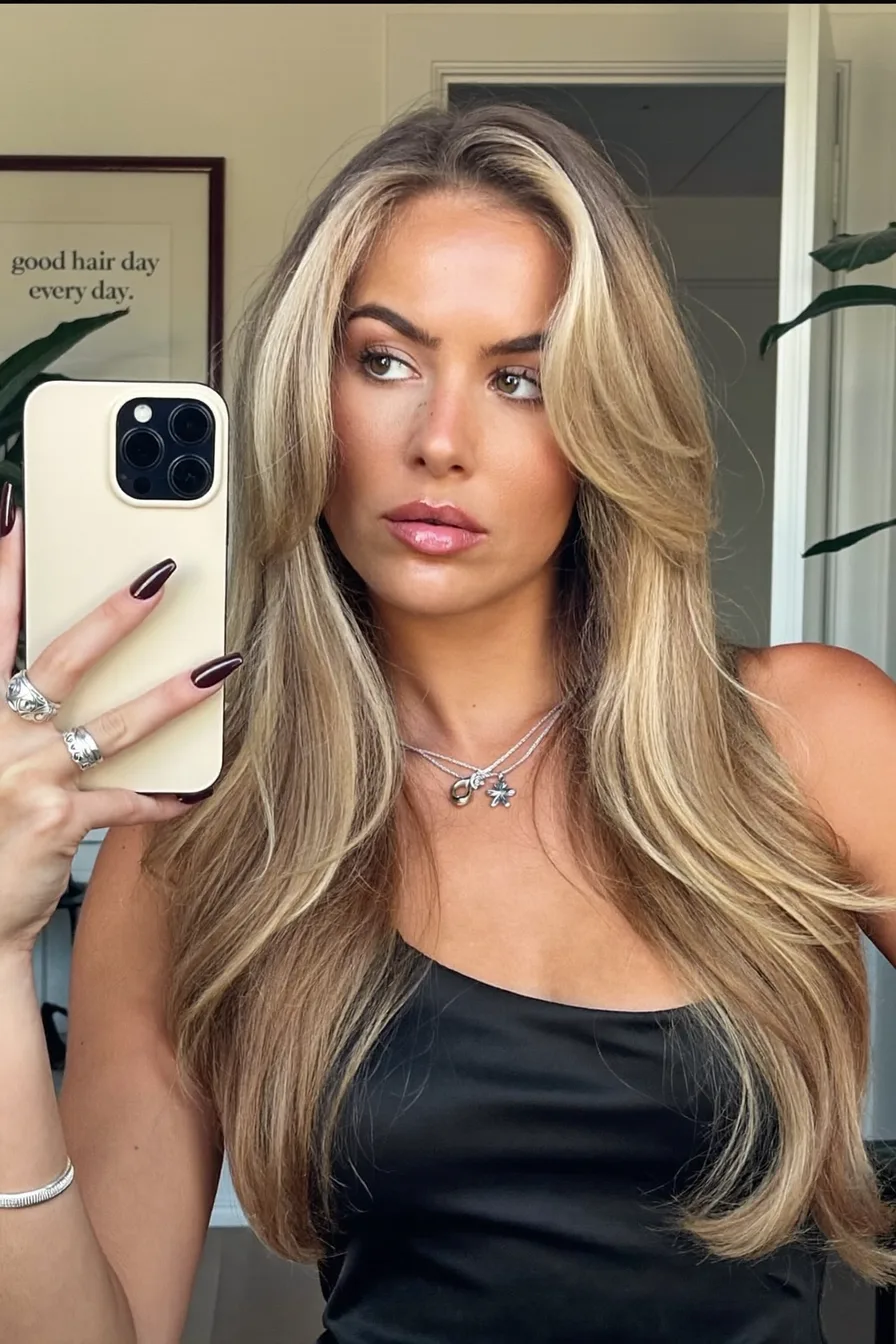 Long Layered Hair with Balayage Highlights and Side Part