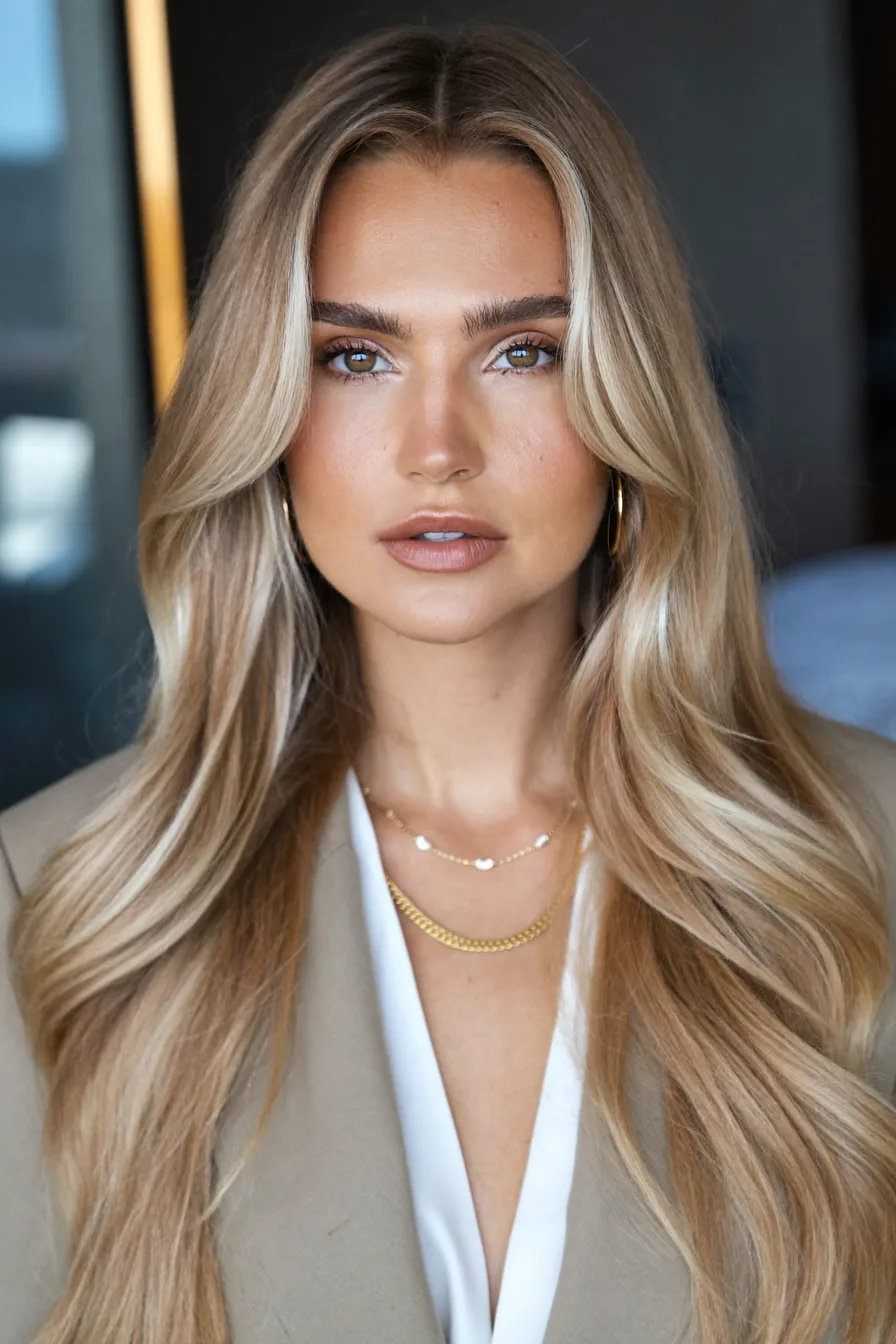 Long Layered Blonde Waves with Face-Framing Curtain Bangs