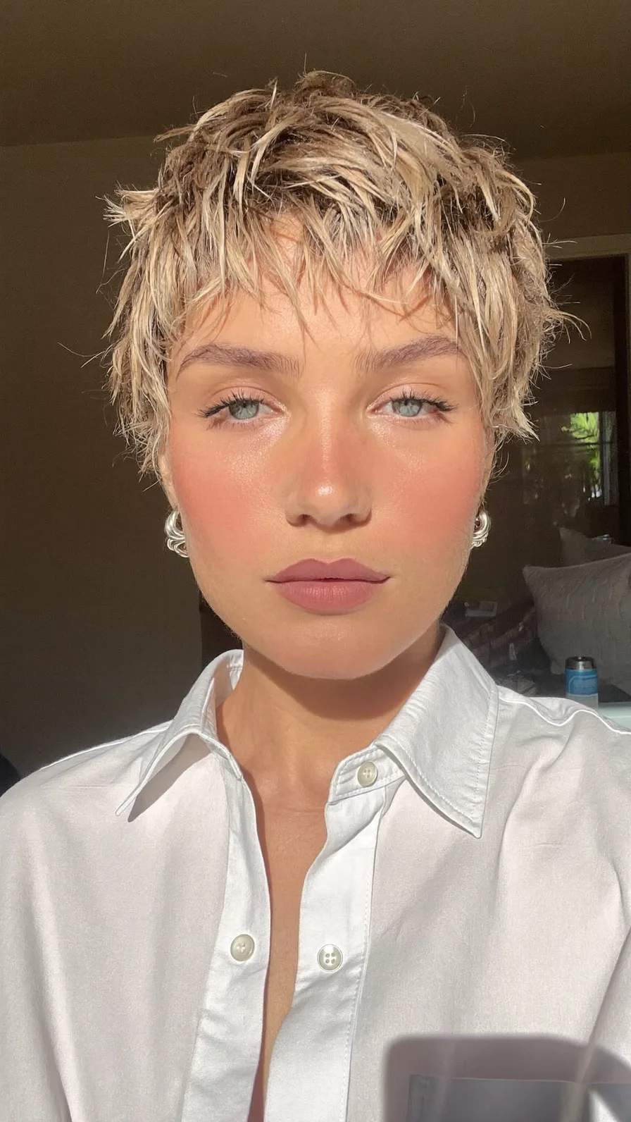 Textured Choppy Pixie Cut with Warm Ash Blonde Color