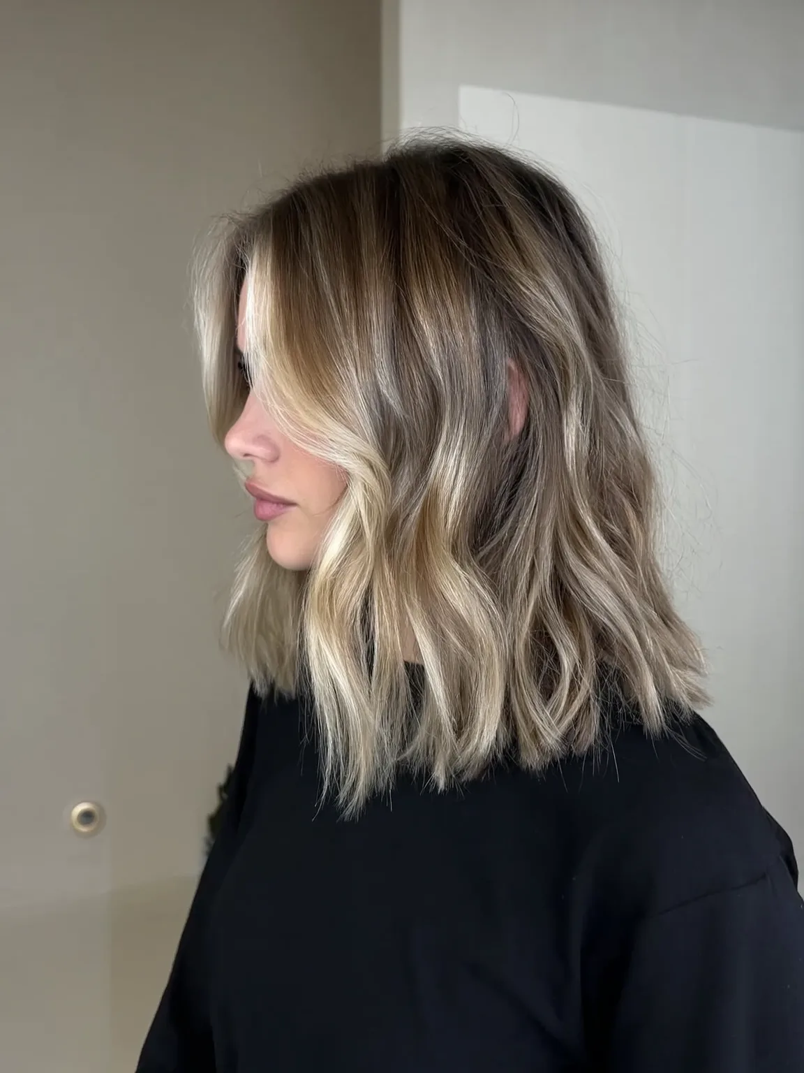 Ash Blonde Sandy Lob with Subtle Curtain Bangs