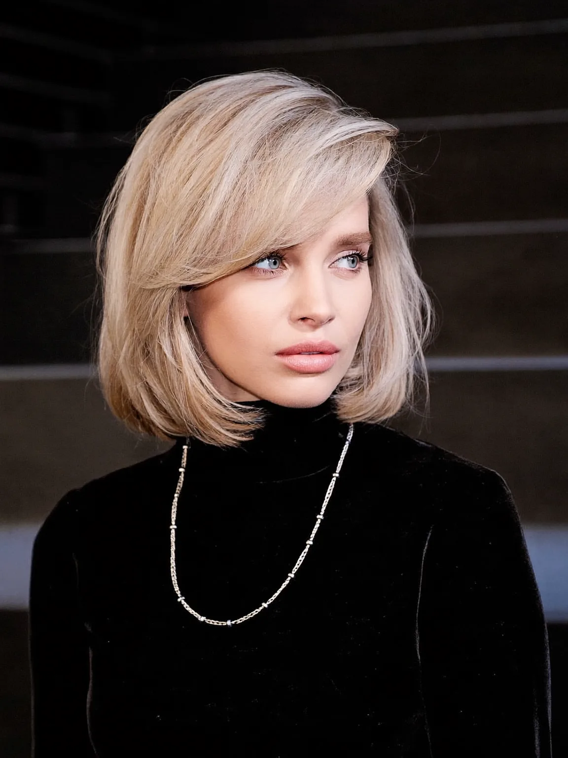Classic Oval Face Ash Blonde Bob with Side Bangs