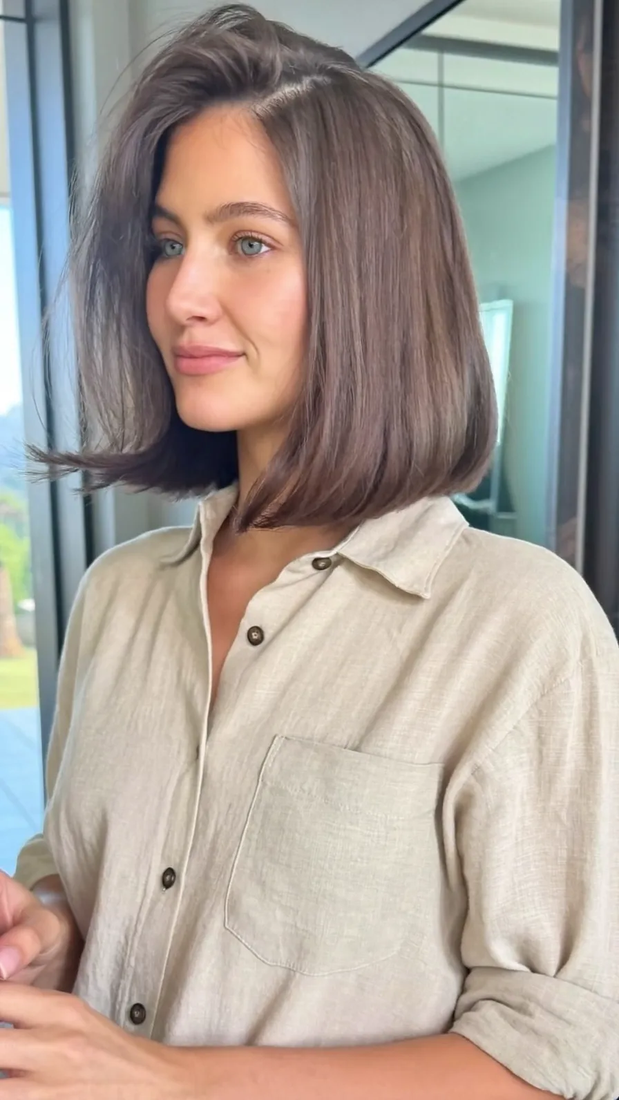 Chin-Length Blunt Bob with Cool Ash Brown Shine