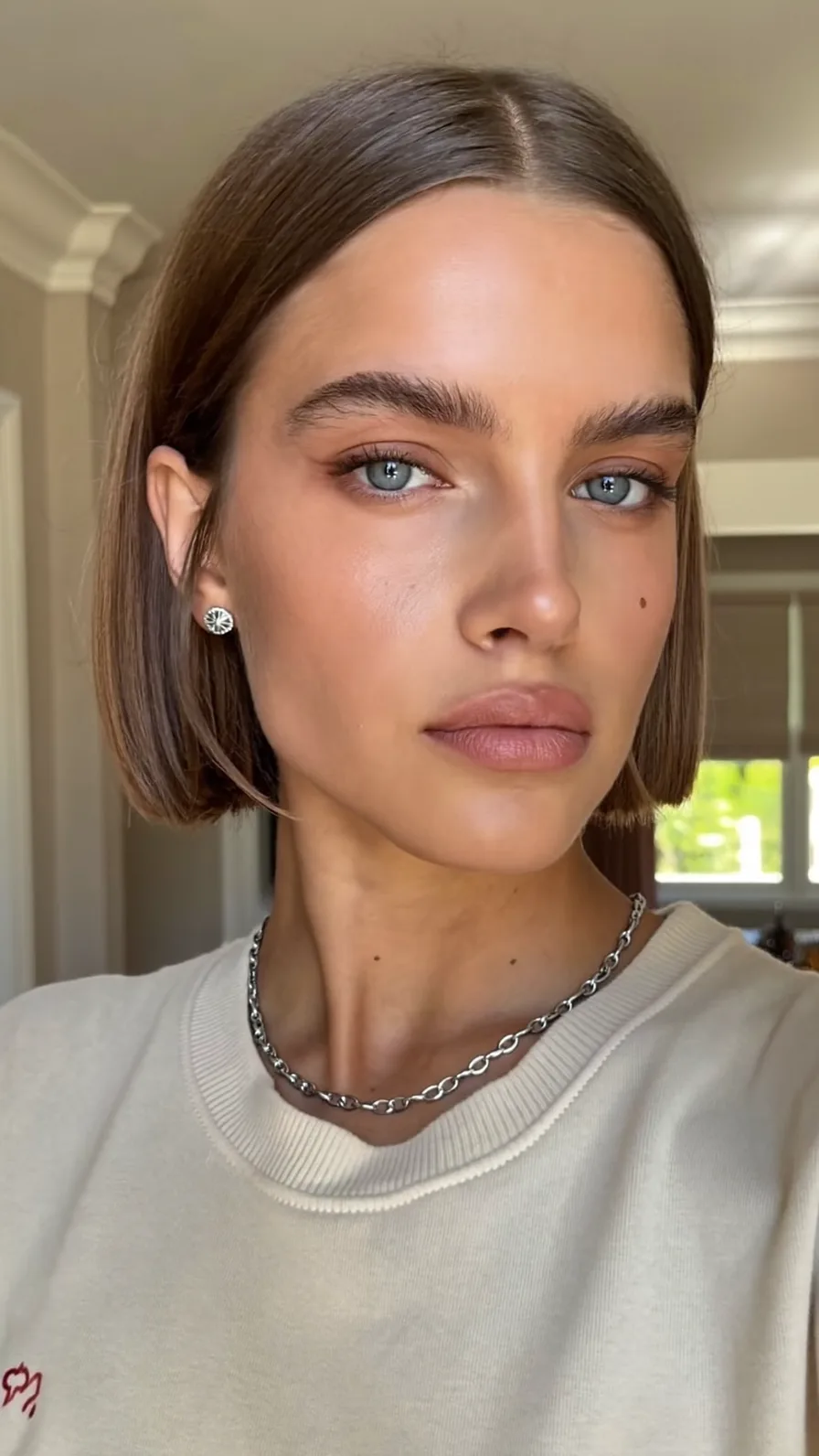 Sleek Center-Parted Medium Ash Brown Chin-Length Bob