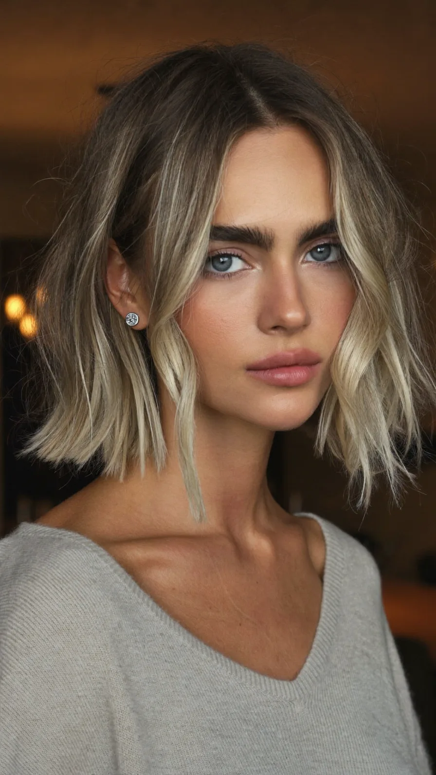 Chic Blunt Bob with Cool Blonde Balayage and Curtain Bangs
