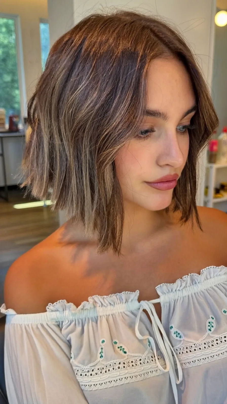 Modern Textured Blunt Bob with Cool Ash Brown Balayage