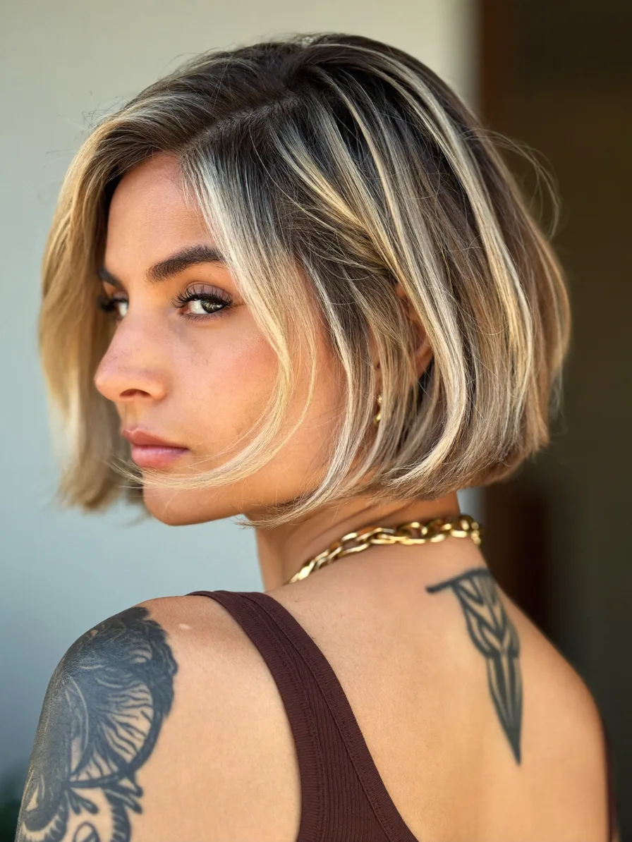Chic Chin-Length Bob with Cool Blonde Highlights and Side Part