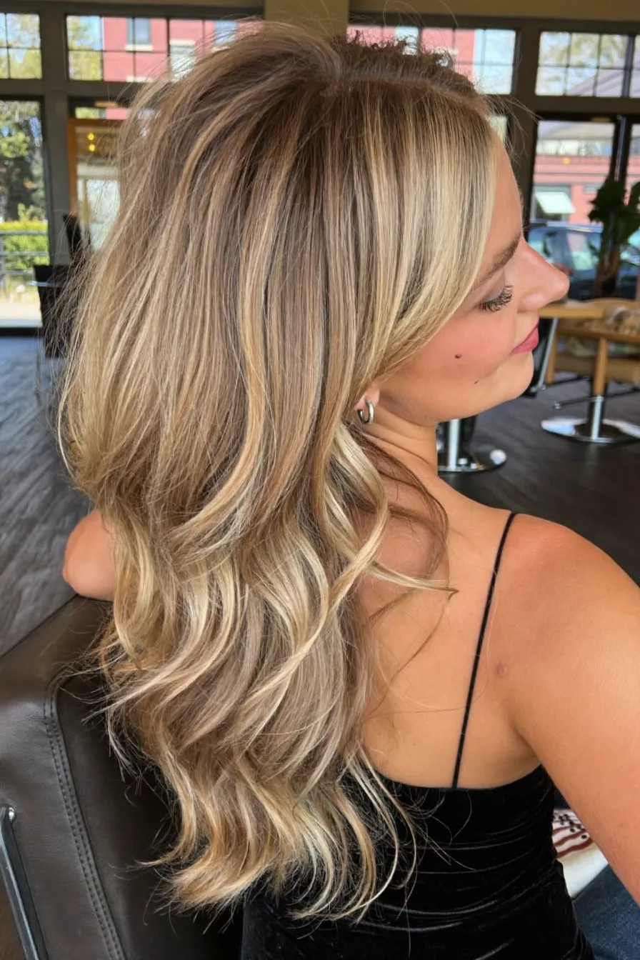 Voluminous Warm Honey Blonde Long Layered Waves Hairstyle