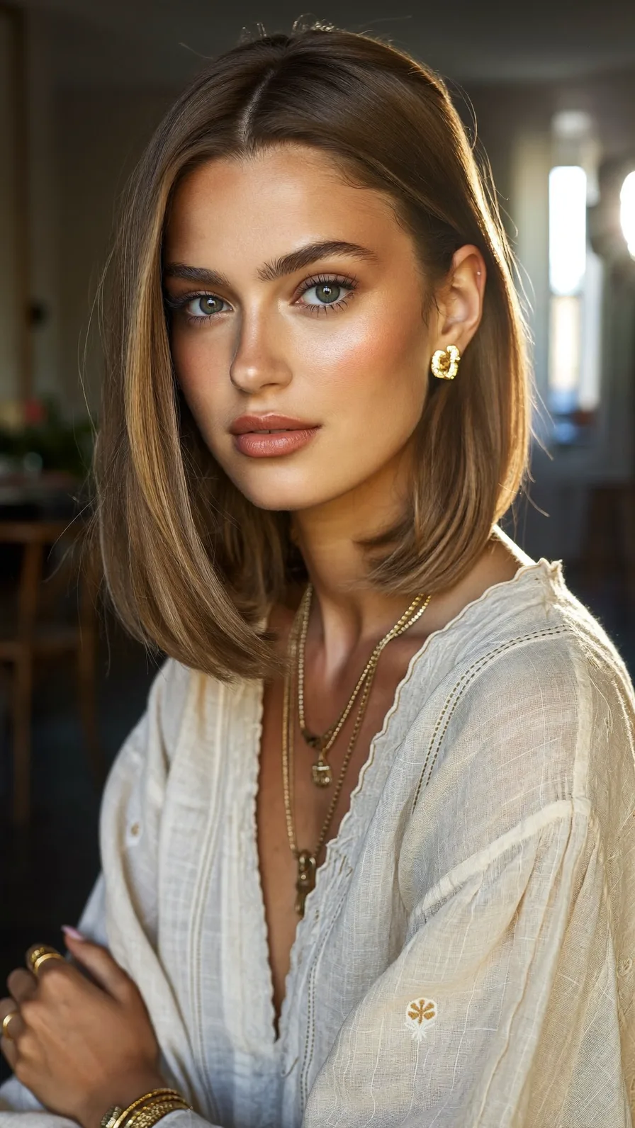Sleek Shoulder-Length Lob with Center Part and Blunt Cut