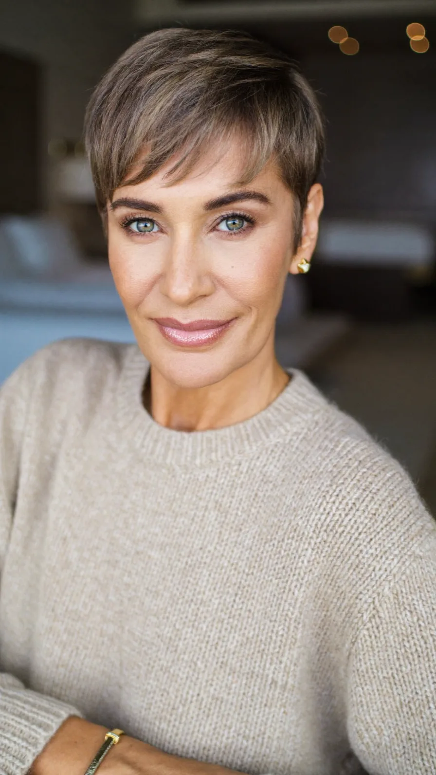 Elegant Ash Brown Textured Short Pixie with Side-Swept Bangs
