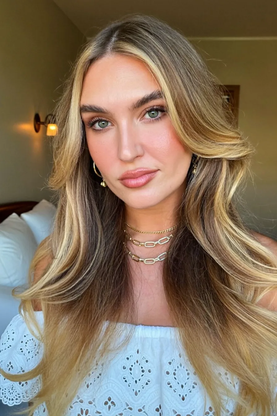 Soft Flowing Long Layers with Honey Blonde and Ash Highlights