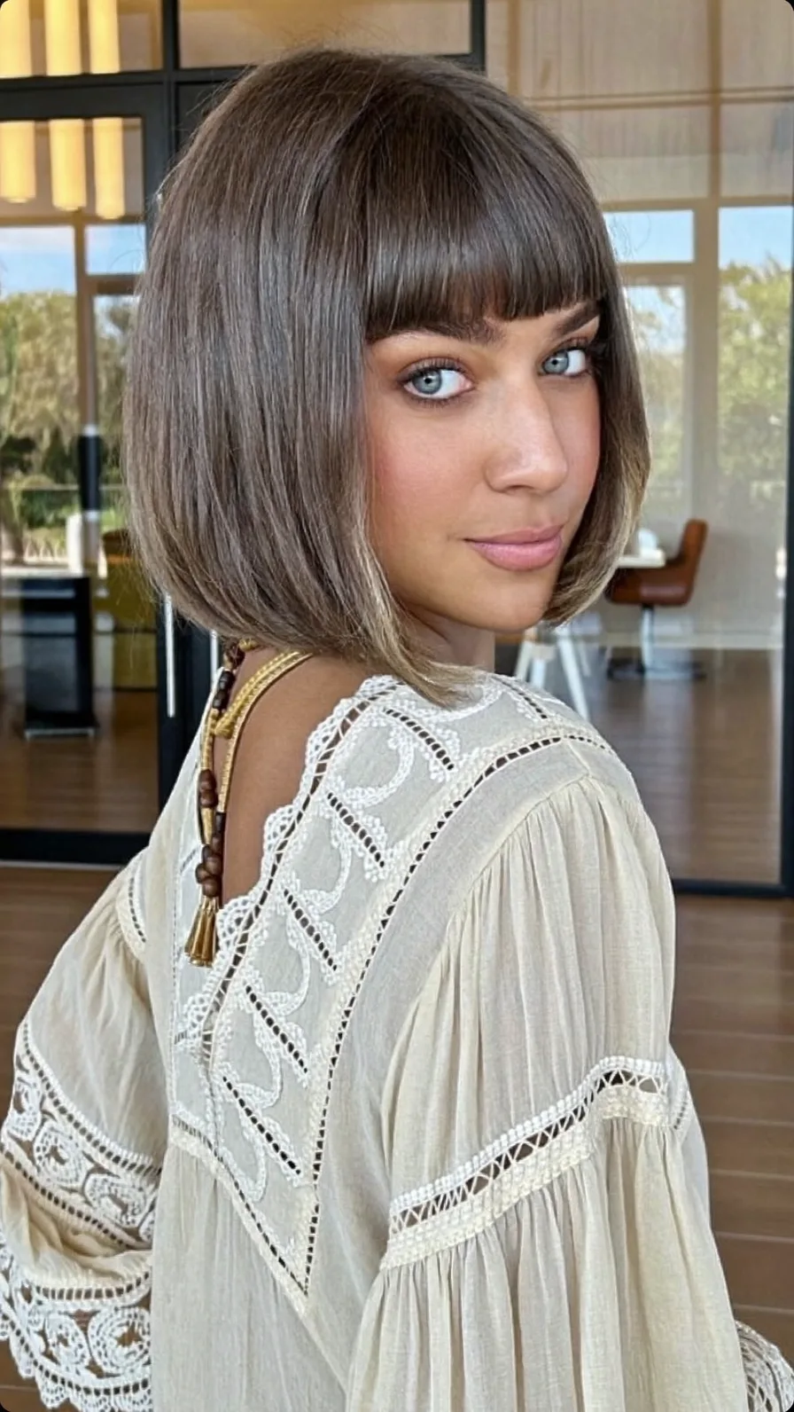 Chic Ash Brown Chin-Length Blunt Bob with Blunt Bangs