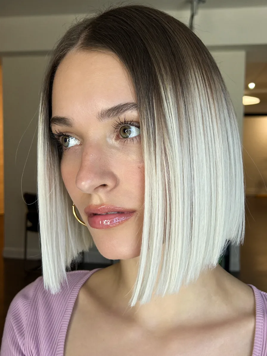 Sharp Blunt Bob with Dark Roots to Platinum Ombre