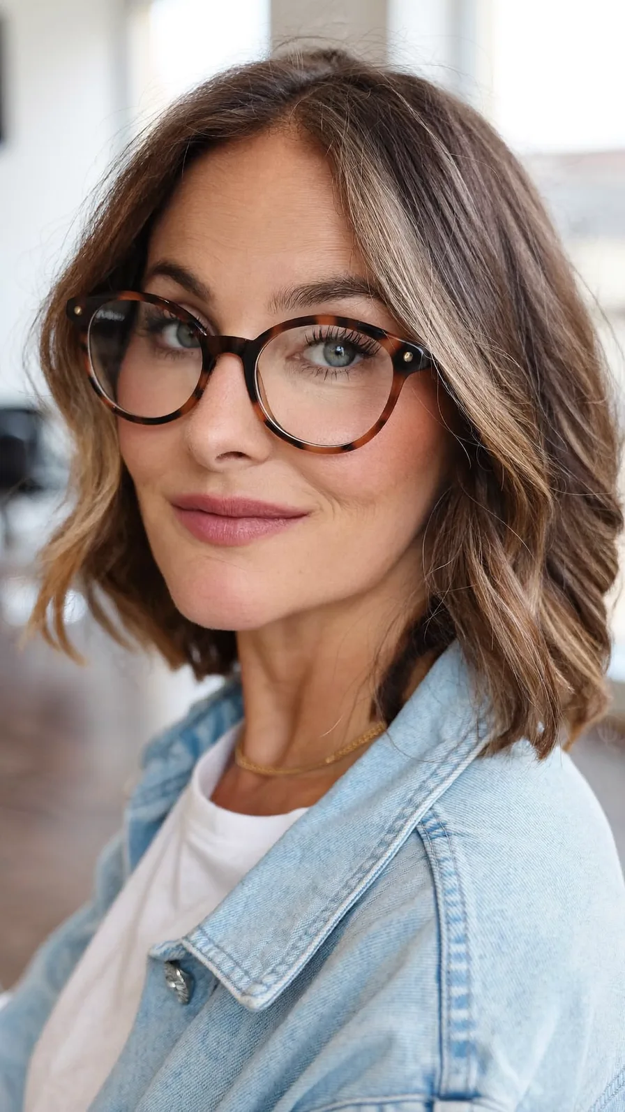 Chic Wavy Chin-Length Lob with Balayage and Curtain Bangs