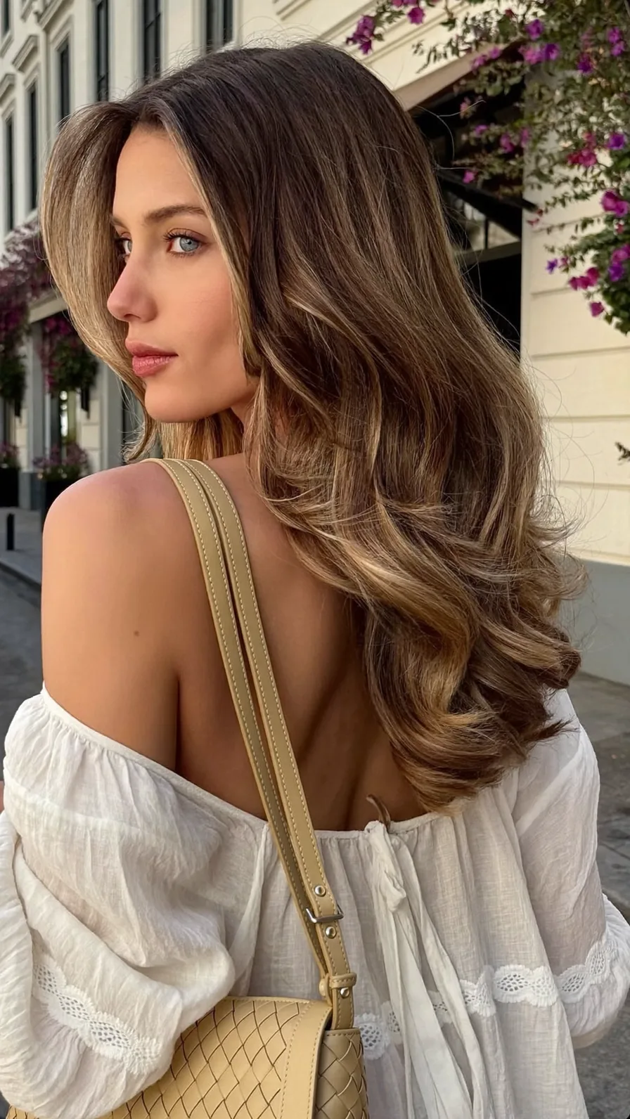 Voluminous Wavy Long Layers with Ash Brown Balayage Highlights