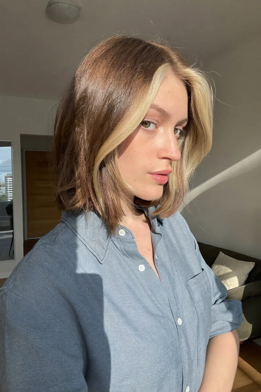 Chic Chin-Length Blunt Bob with Platinum Money Piece Highlights