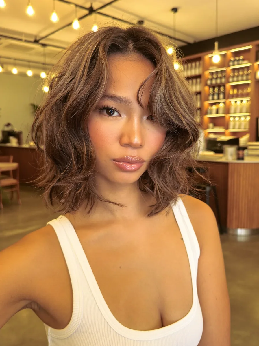 Voluminous Layered Lob with Balayage and Curtain Bangs