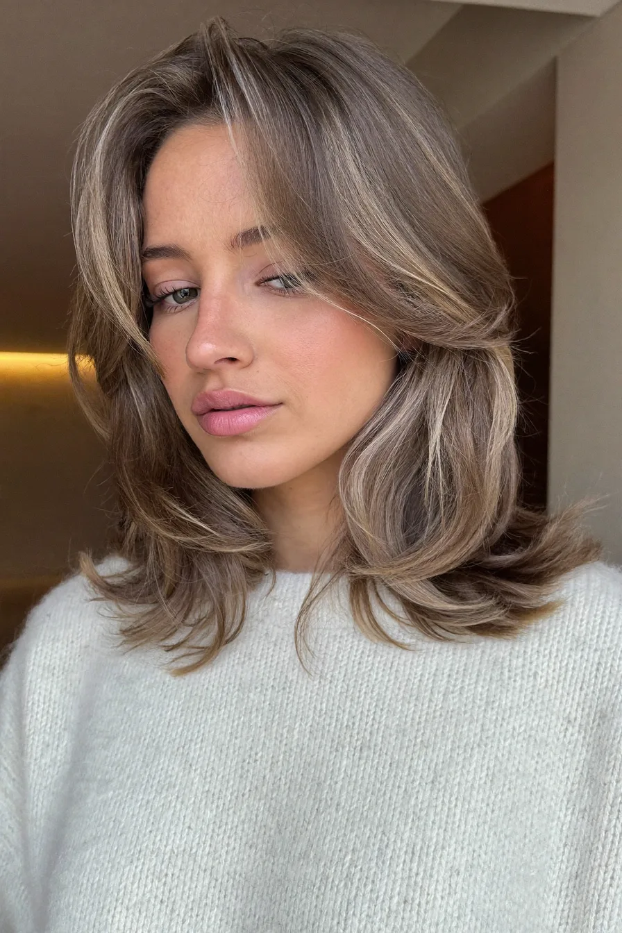 Soft Feathered Long Layers with Subtle Balayage Highlights