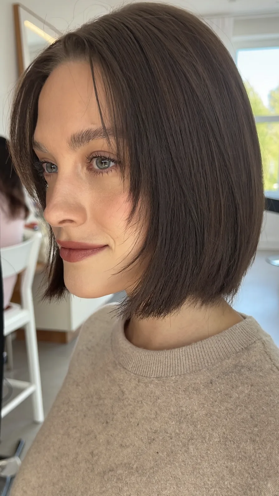 Chic Dark Ash Brown Curtain-Bangs Blunt Chin-Length Bob