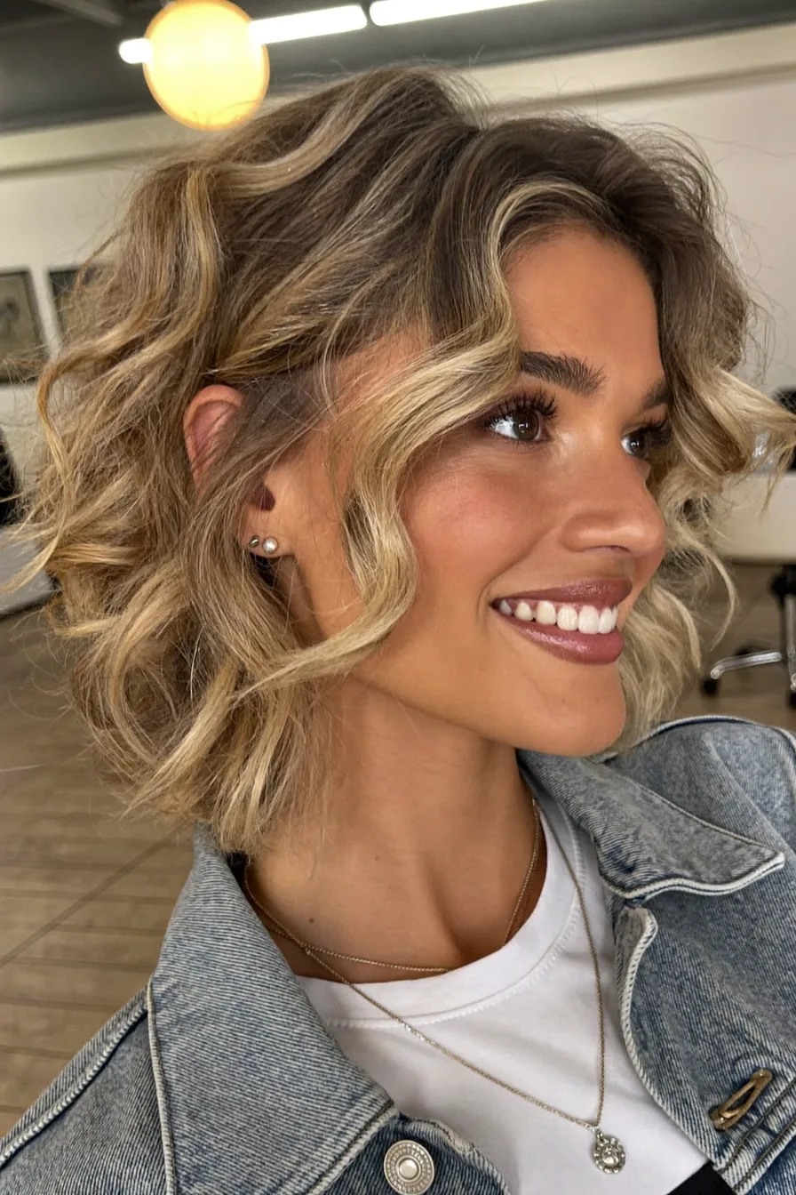 Chin-Length Voluminous Curly Bob with Balayage Highlights