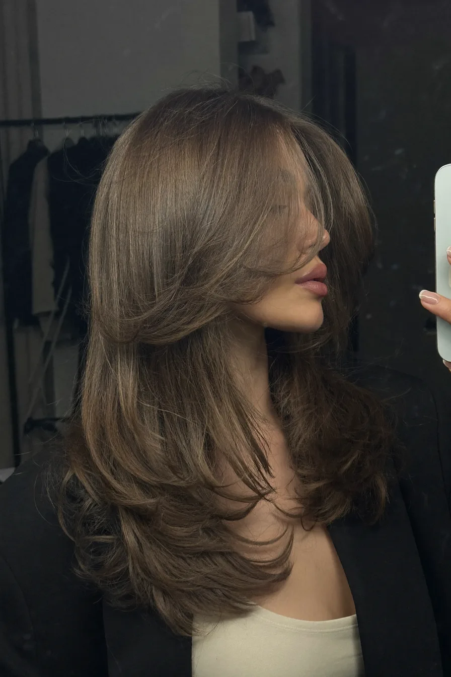 Elegant Long Layers with Voluminous Feathered Ends and Curtain Bangs