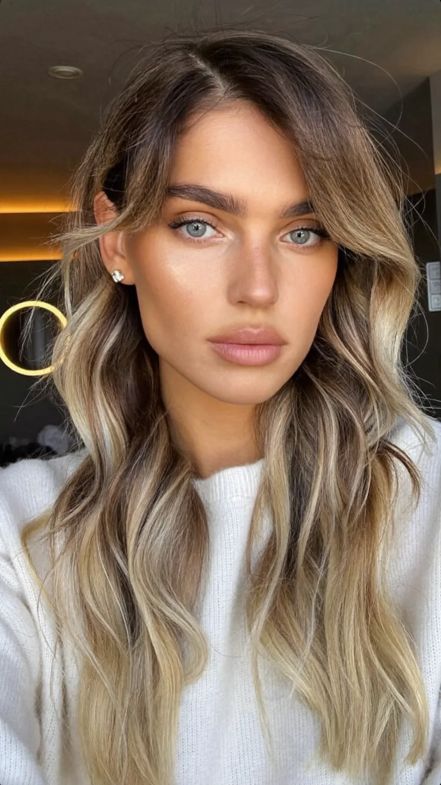 Long Layered Ash Brown Hair with Honey Blonde Balayage