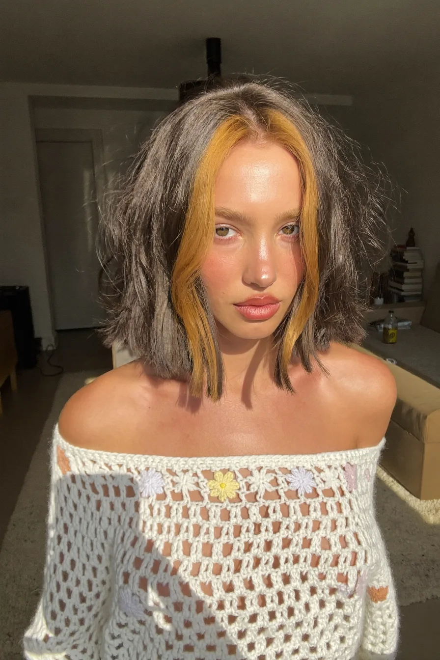 Textured Lob with Honey Blonde Money Piece and Curtain Bangs