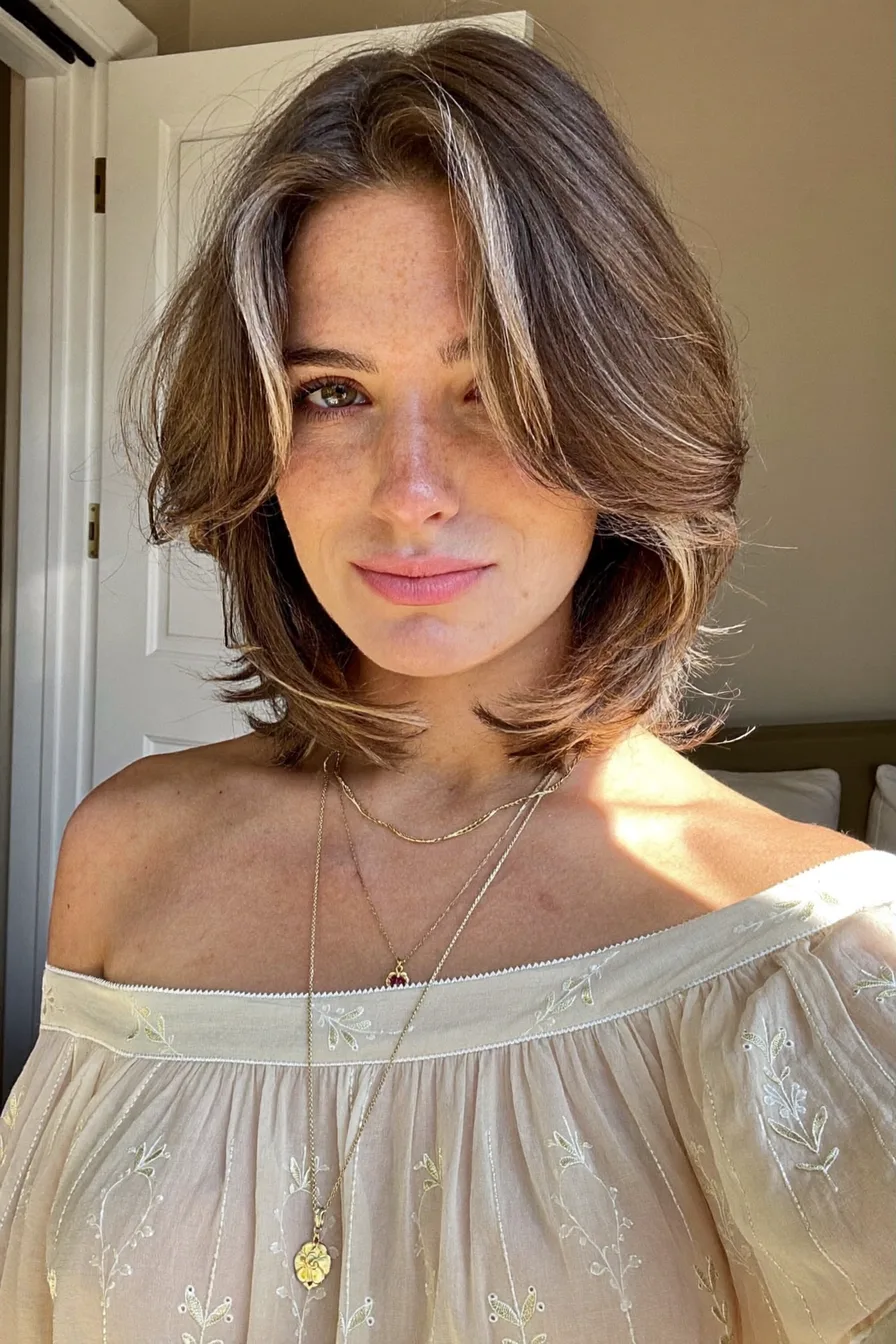 Modern Layered Lob with Center Part and Feathered Ends