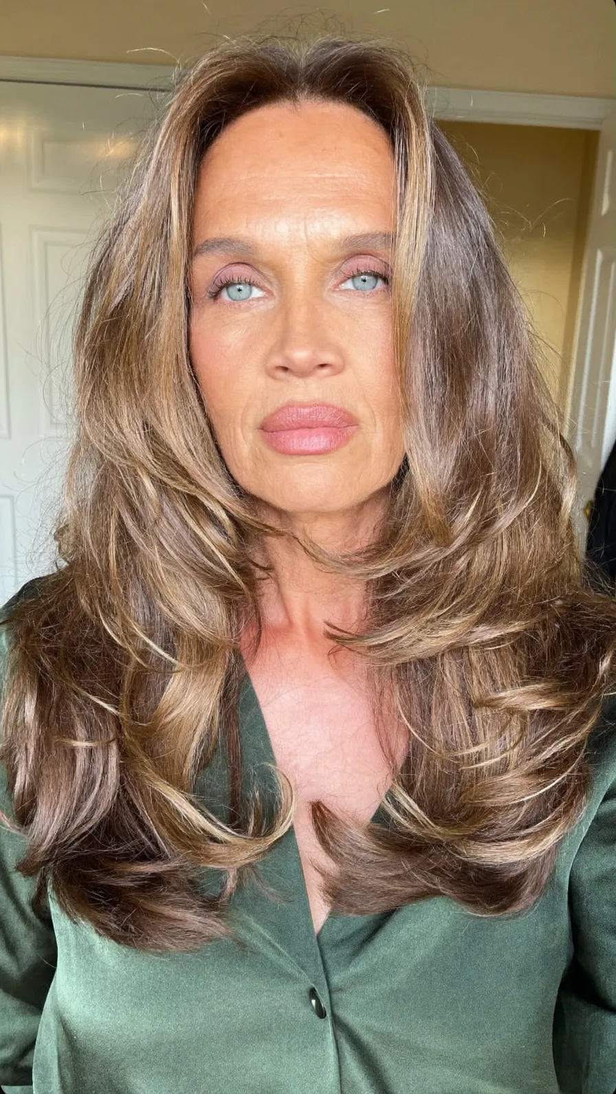 Voluminous Long Layered Hair with Warm Ash Brown Balayage