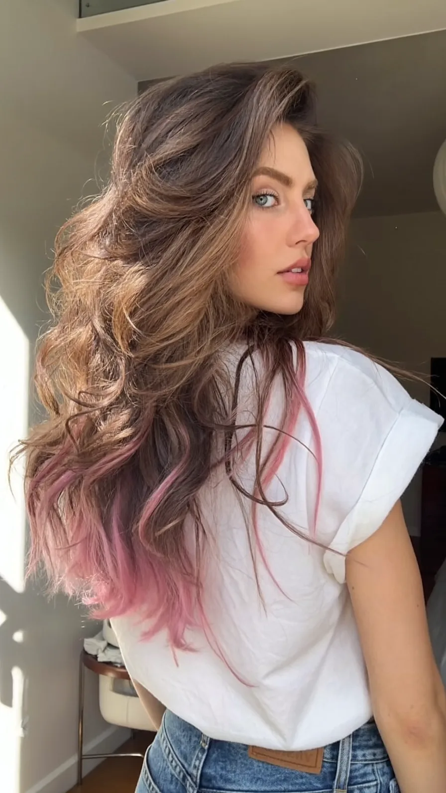 Voluminous Wavy Long Layers with Ash Brown Ombre Pink Tips