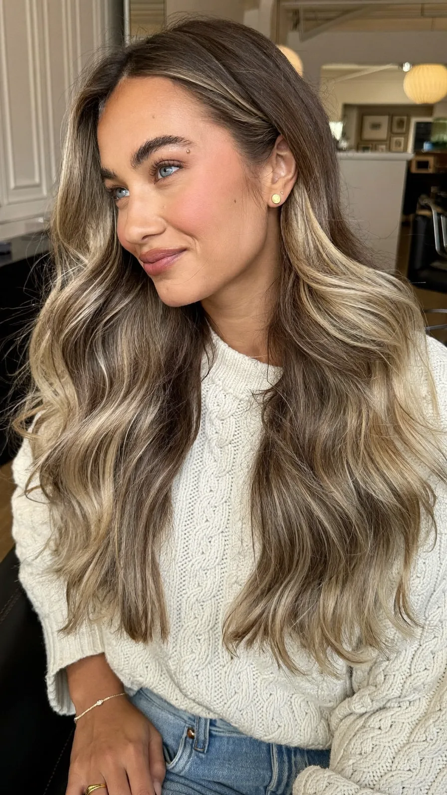 Voluminous Long Layers with Ash Brown and Beige Blonde Balayage