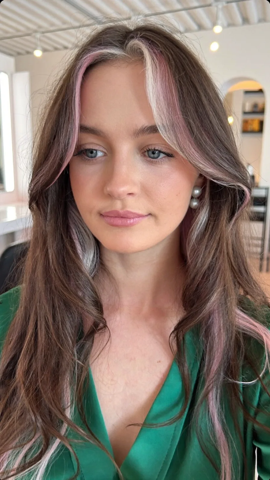 Modern Long Layers with Feathered Curtain Bangs and Money-Piece Highlights