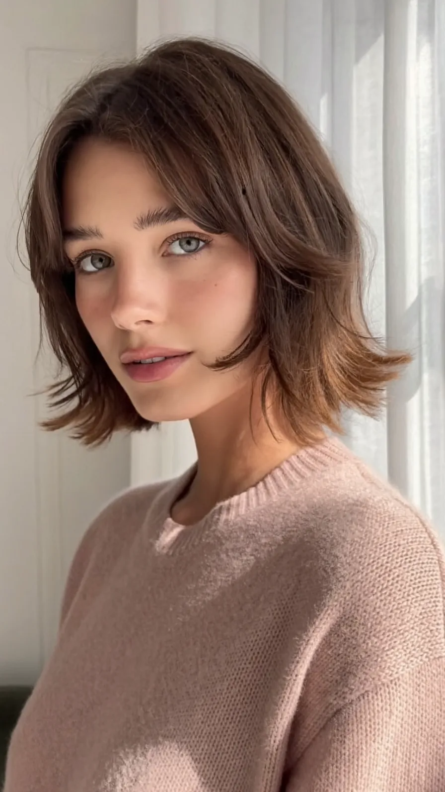 Textured Chin-Length Medium Ash Brown Shag with Curtain Bangs