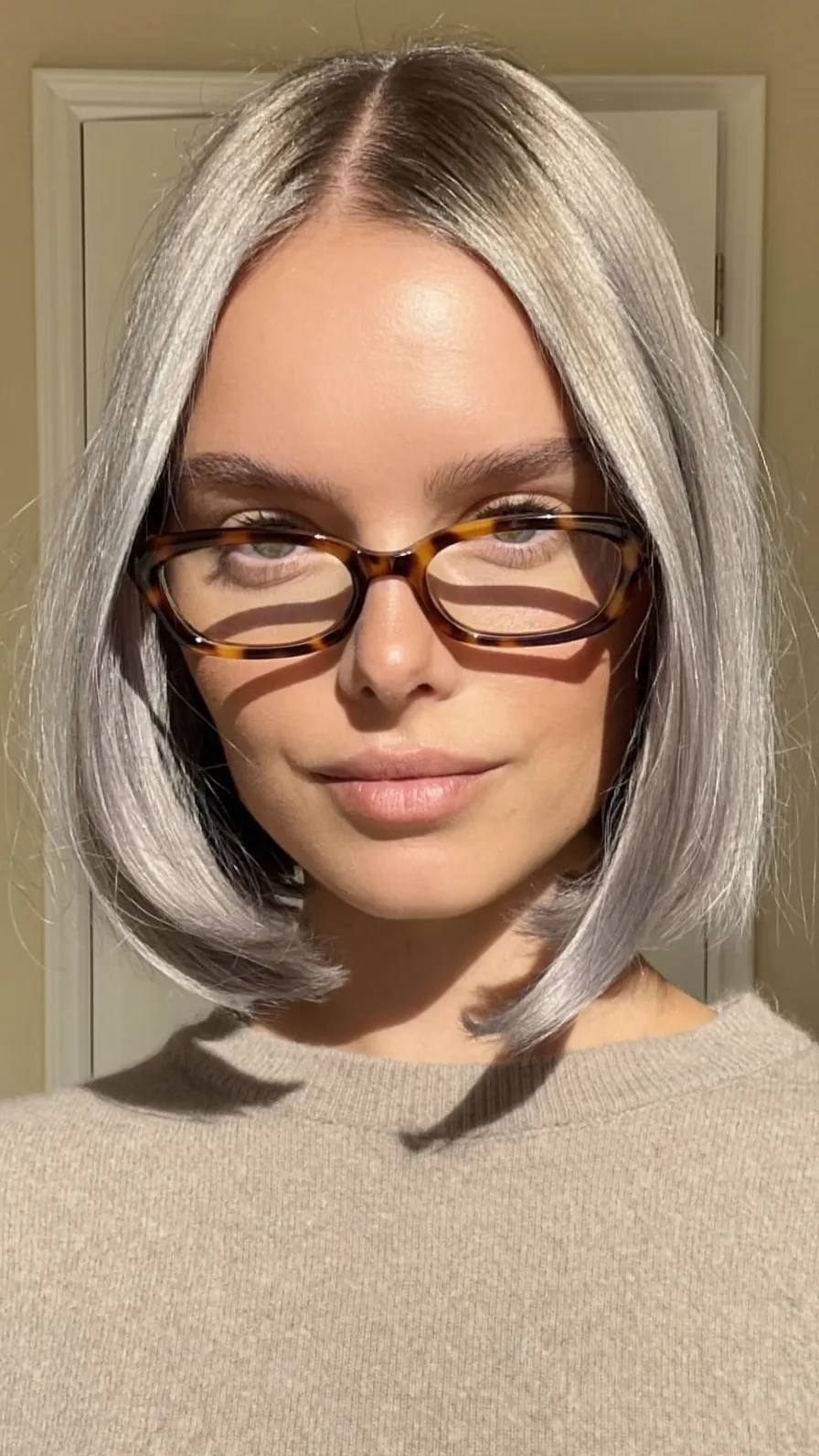 Chic Platinum Silver Blunt Cut Bob with Center Part