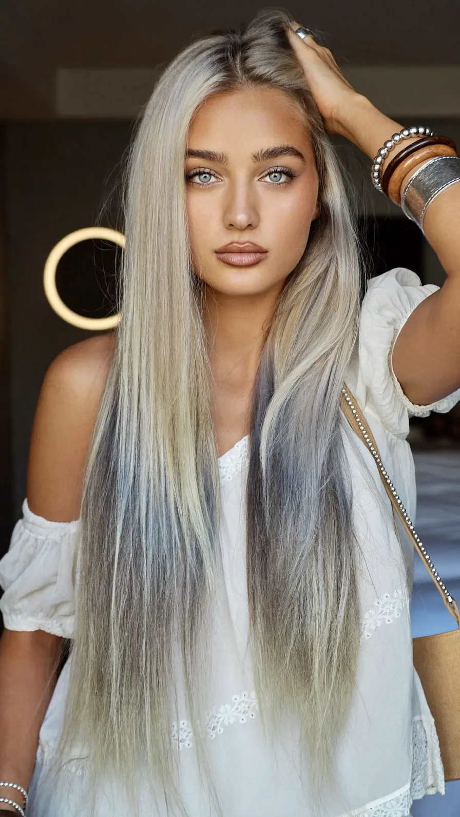 Sleek Long Platinum Blonde Hair with Ash Grey Ombre Ends