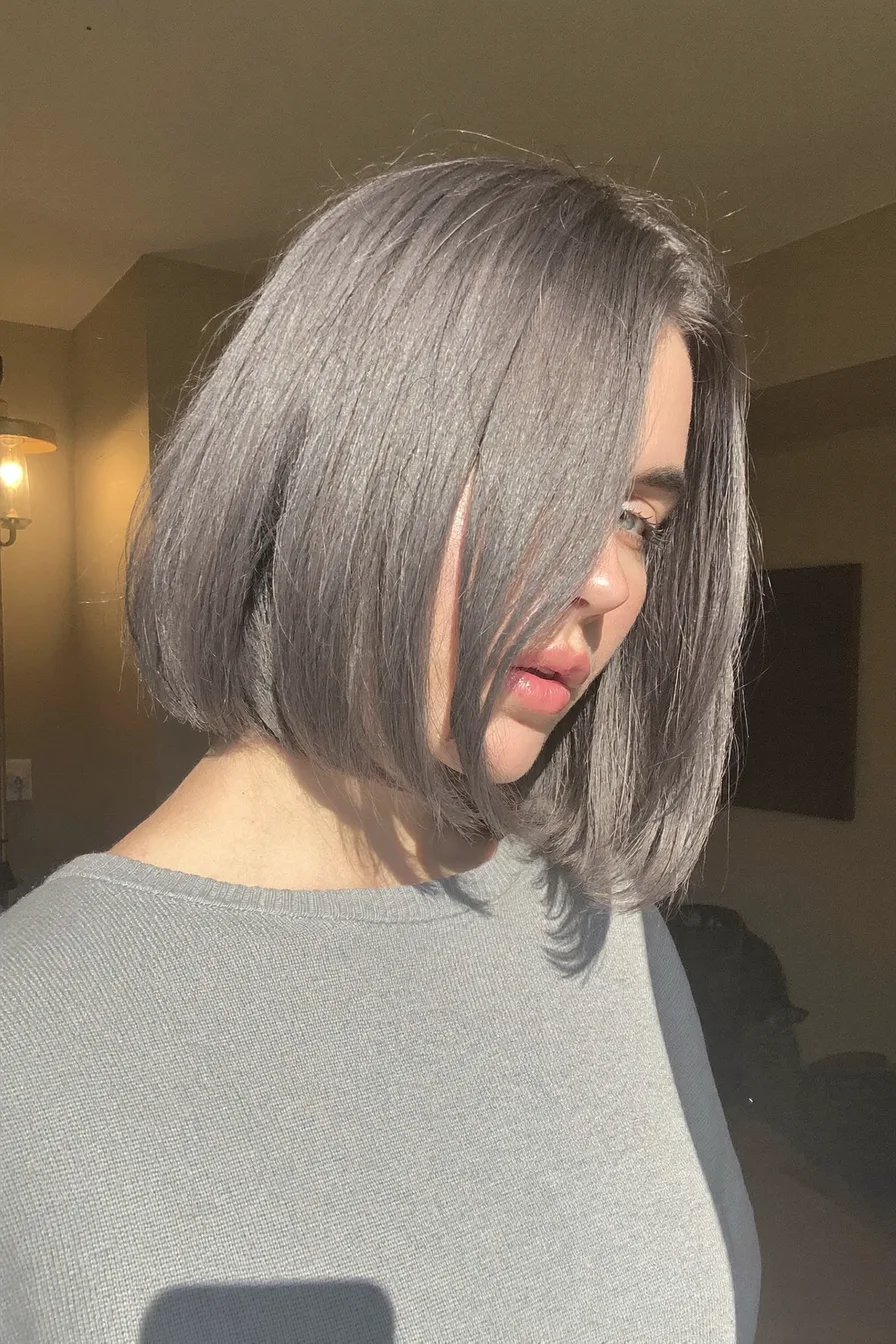 Chin-Length Cool Ash Gray Blunt Cut Bob with Side Bangs
