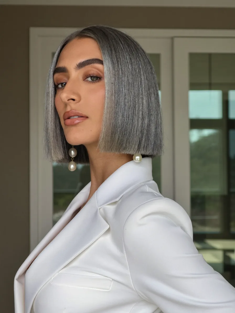 Sleek Chin-Length Ash Gray Blunt Bob Hairstyle