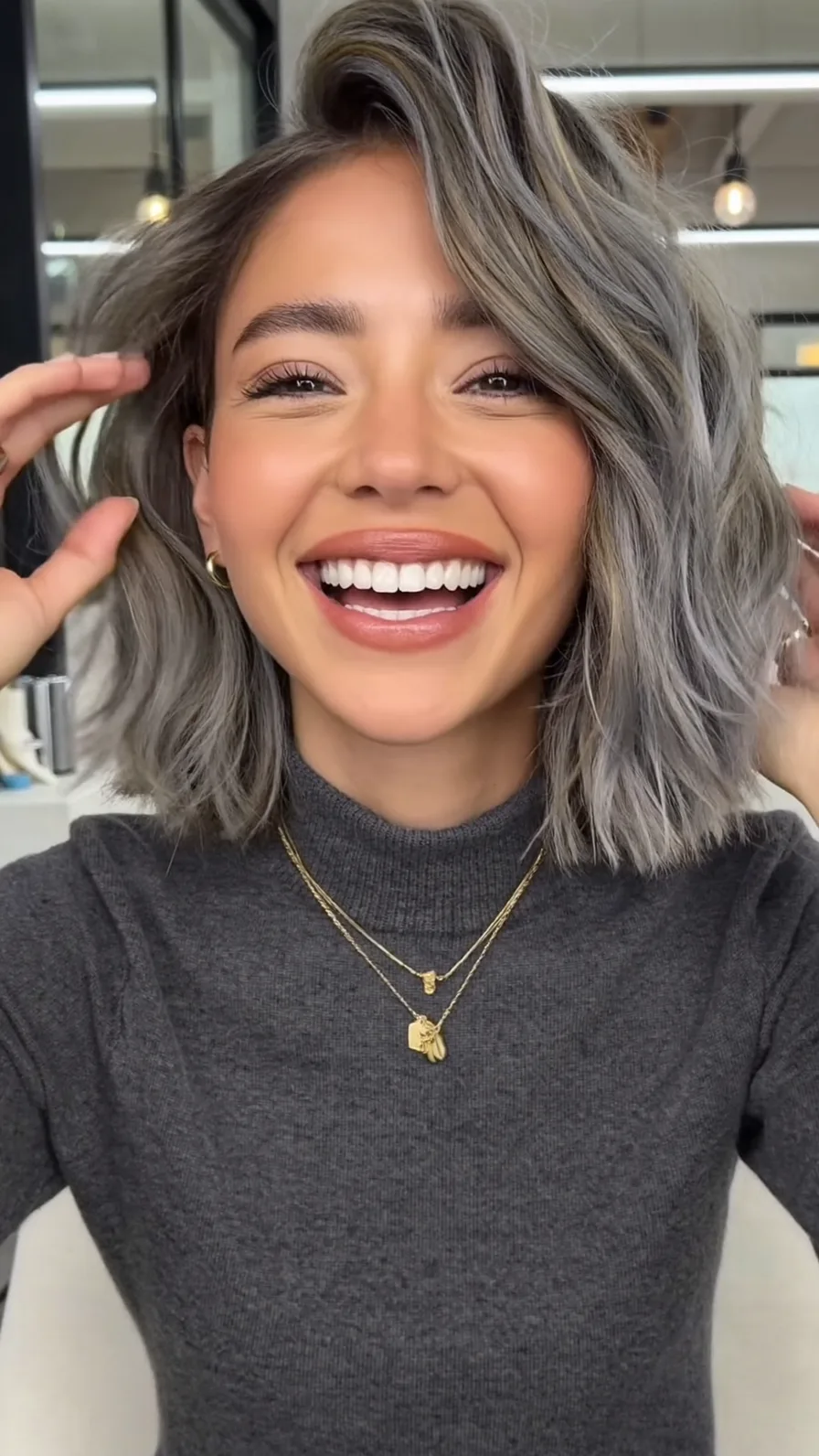 Ash Gray Textured Lob with Deep Side Part and Highlights